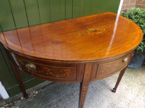LATE C18TH GEORGE III PERIOD MAHOGANY DEMILUNE SIDE OR PIER TABLE WITH PROFUSE NEOCLASSICAL STYLE INLAY - ADDITIONAL PHOTO 9