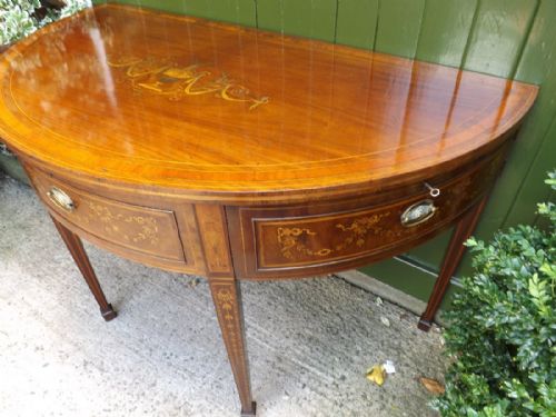 LATE C18TH GEORGE III PERIOD MAHOGANY DEMILUNE SIDE OR PIER TABLE WITH PROFUSE NEOCLASSICAL STYLE INLAY - ADDITIONAL PHOTO 13