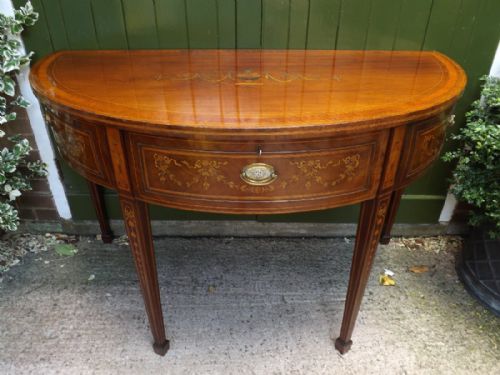 LATE C18TH GEORGE III PERIOD MAHOGANY DEMILUNE SIDE OR PIER TABLE WITH PROFUSE NEOCLASSICAL STYLE INLAY - ADDITIONAL PHOTO 14