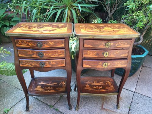 Pair of Late C19th French Rosewood 'Petite Commodes' or 'Tables En Chiffoniere' with "Chinoiserie" Marquetry Inlay.