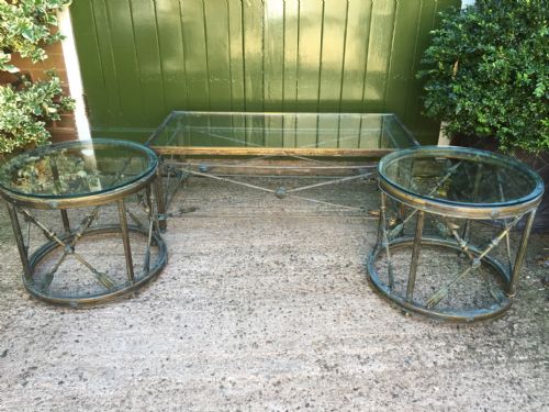 Suite of 3 Early C20th Brass-framed Glass-topped Reception Room Tables of Empire Design.