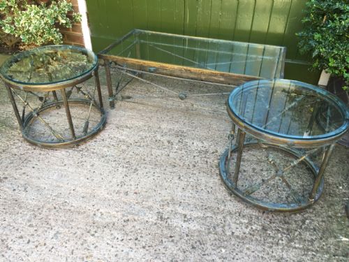 fig 1. Suite of 3 early C20th brass-framed glass-topped reception room tables of Empire design.