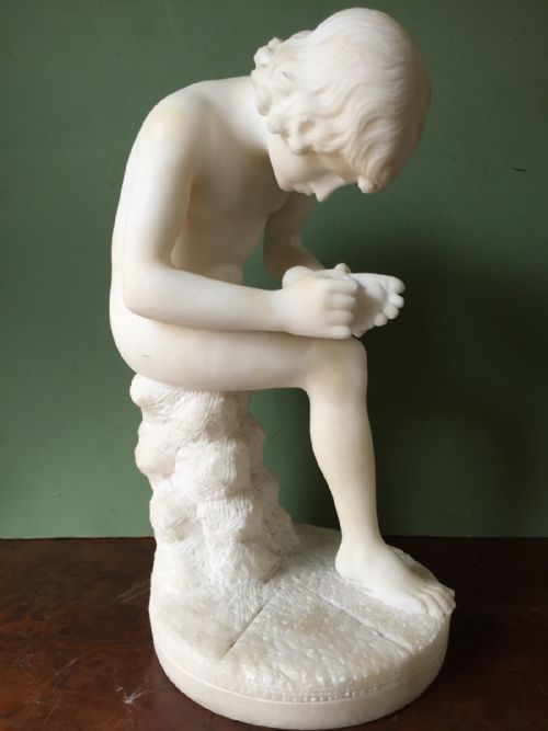 C19th Italian Carved Alabaster 'Grand Tour' Souvenir Sculpture ,After the Antique, of "Spinario" or "The Thorn Puller".