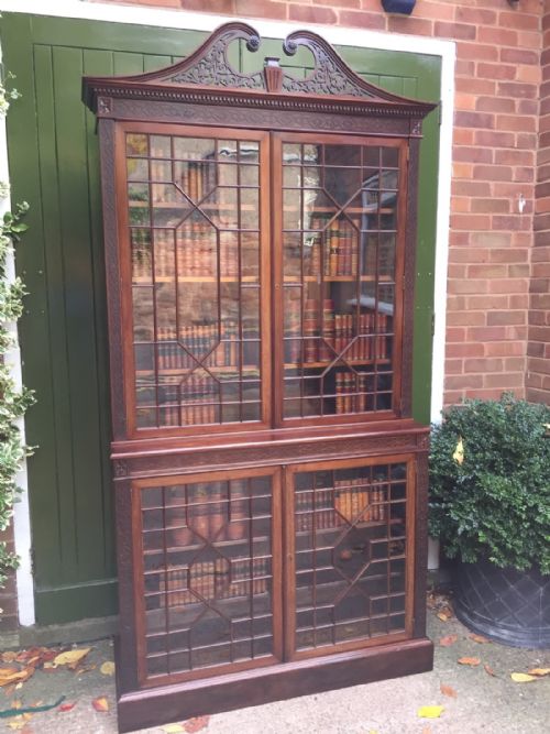 Late C19th Mahogany Glazed Chippendale Revival Double Bookcase.