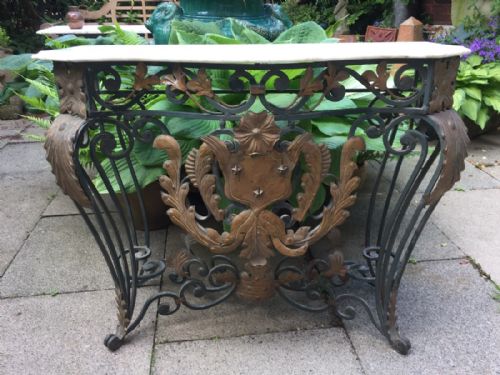 Early C20th French Wrought Iron and Bronzed Tole-mounted Marble Top Console Table.