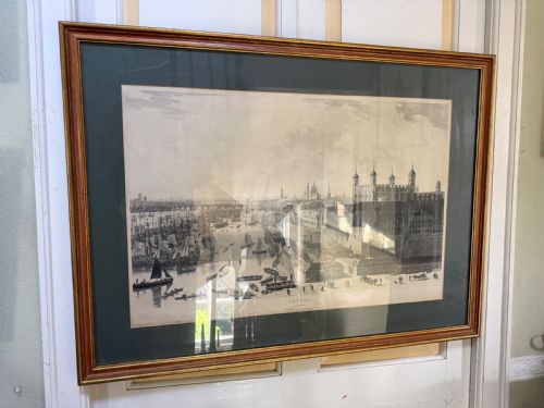 fig 1. A set of six framed nineteenth-century panoramic engravings depicting historic views of London along the River Thames.