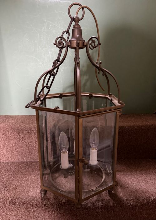 Late C19th / Early C20th Hexagonal Brass-framed Hanging Hall Lantern in the Georgian Period Style.