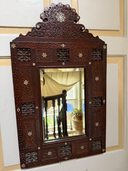 Late C19th Levantine Carved Frame Mirror with Nacre-shell Inlay and Mashrabiya Turned Panels.