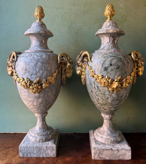 Pair of Late C19th / Early C20th French Ormolu Bronze Mounted Highly-figured Grey/ Green Veined ‘Campan Vert’ Marble Vases of Louis XVI Period Style .