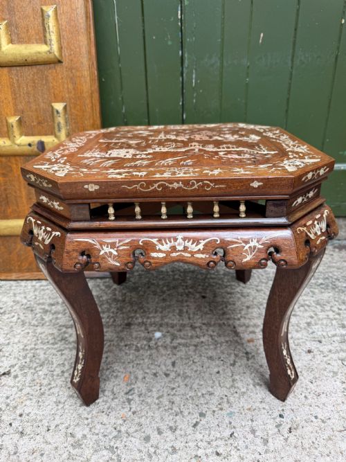 Late C19th Chinese Hardwood Square Occasional Table Profusely Inlaid with Bone Decoration.