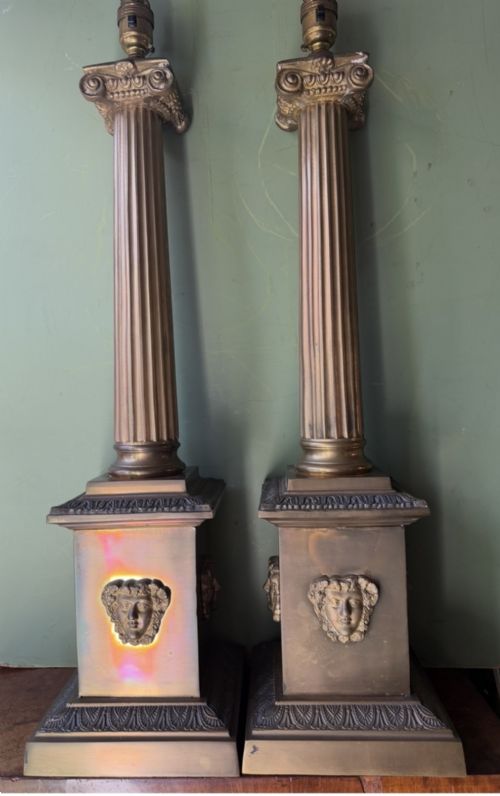 Pair of Bold Early C20th Brass Table Lamps of Early C19th Classical Design.
