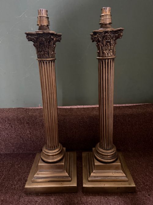 Pair of Larger Scale C19th Brass Classical Column Table Lamps with Cast Corinthian Capital Tops by James Hinks of Birmingham.