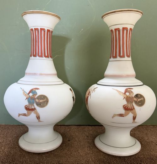 Pair of Mid C19th Classical Grecian or Etruscan Style Opaline Glass Vases with Alternating Painted Figural Vignettes Around the Bodies.