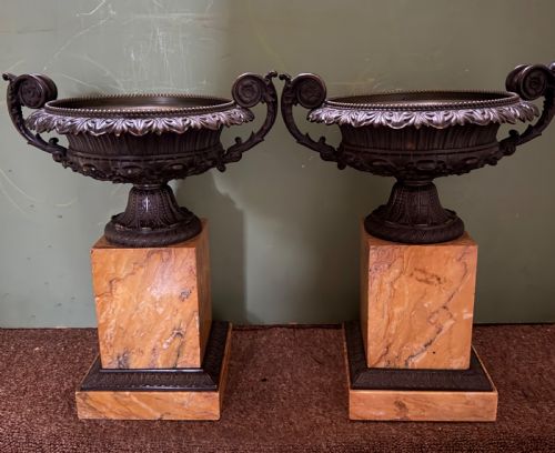 Larger Scale Pair of Early C19th French Charles X Period Bronze Tazze Mounted on Siena Marble Block Plinth Bases.