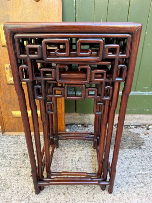 Set of 3 Late C19th / Early C20th Chinese Qing Dynasty Carved Hardwood Nesting or Stacking, Graduated-size Occasional Tables .