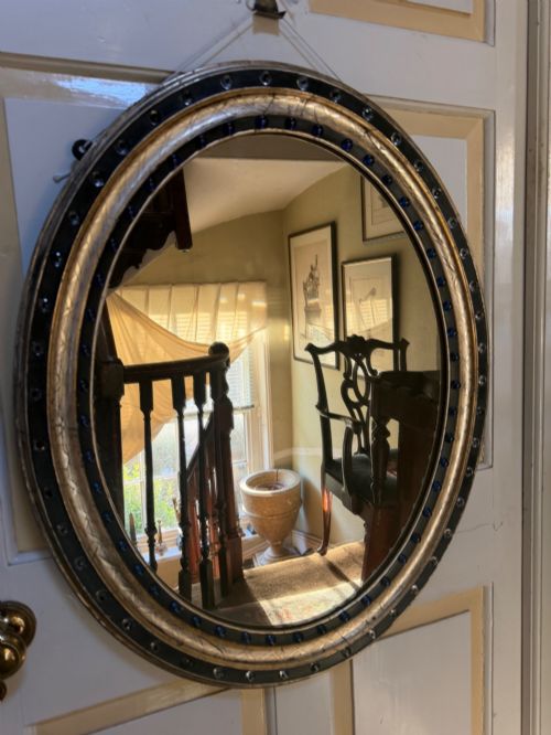 Scarce Larger Scale C19th Irish Ebonised and Silver-gilt Framed Oval Mirror with Clear Facetted Glass ‘Jewels’ and Colbalt Blue Glass Cabochons.