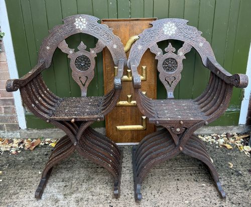 Pair of Late C19th Syrian or Middle Eastern Carved Fruitwood or Walnut Nacre-shell Inlaid Armchairs.