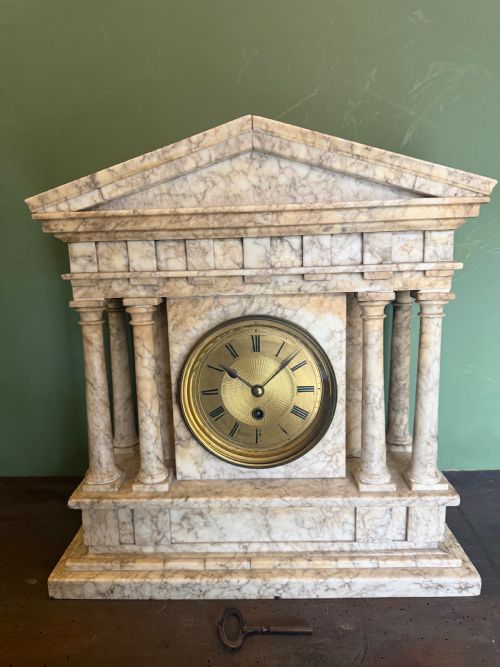 Late C19th Carved Alabaster Mantel Clock of Classical Greek or Roman Architectural Temple Portico Design.