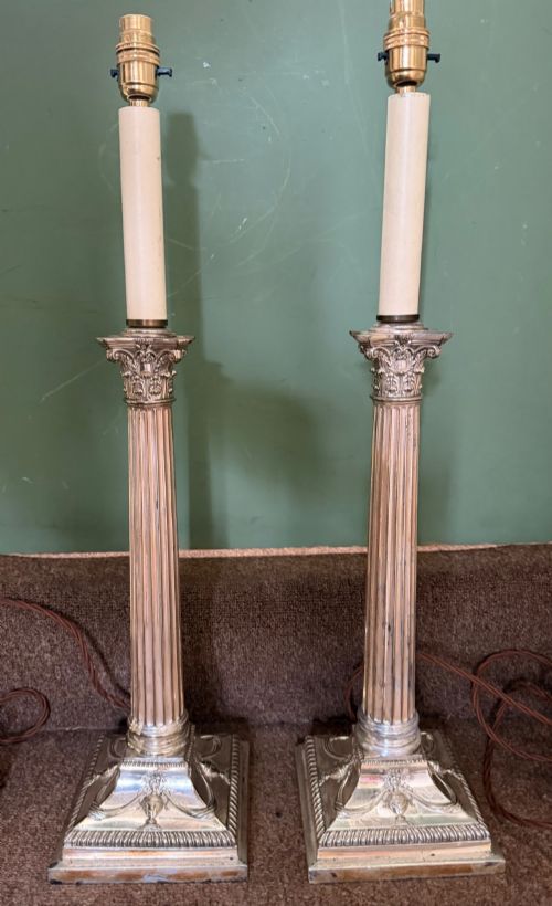 Pair of larger scale late C19th / early C20th silver-plated neo-classical style column table lamps .