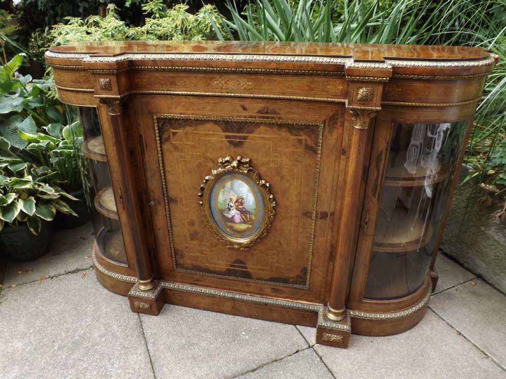 C19th Victorian period inlaid, banded and ormolu-mounted burr-walnut credenza.