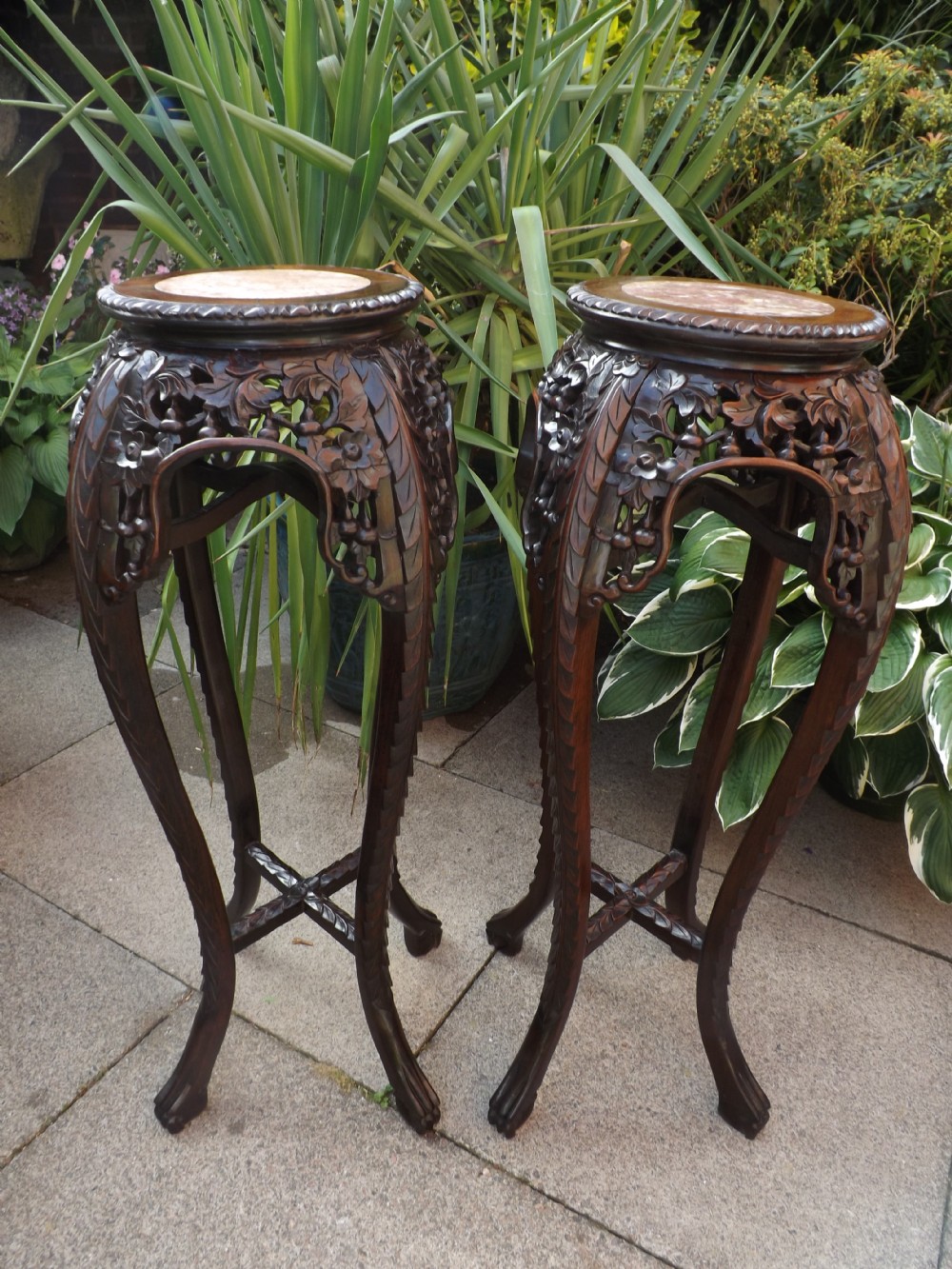 Pair of C19th Chinese late Qing Dynasty carved hardwood inset marble-top jardinière or vase stands 