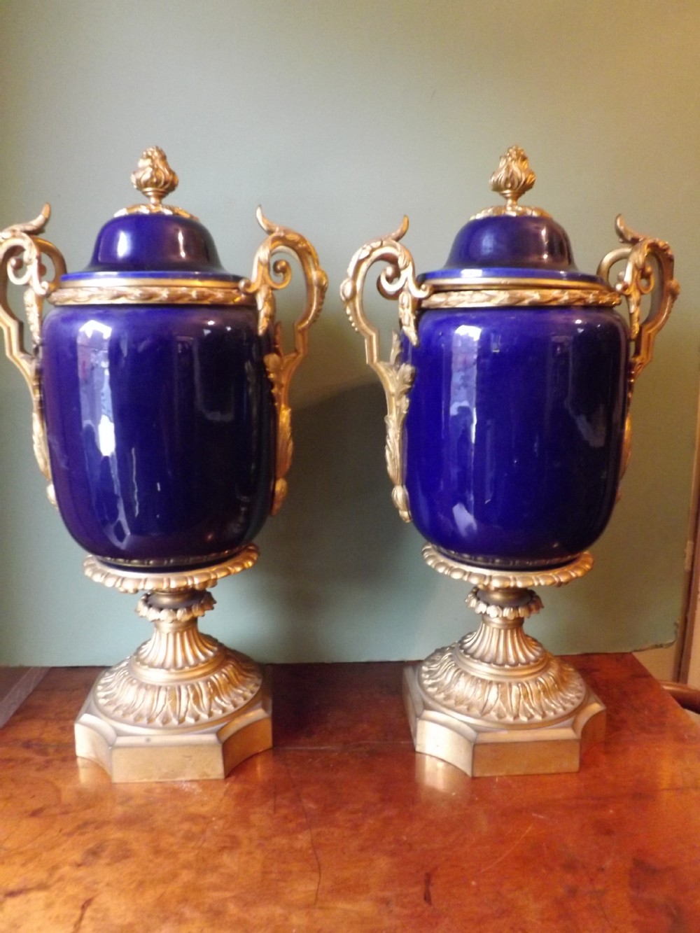 Pair C19th French Louis XV style ormolu-mounted enamel-bodied urns.