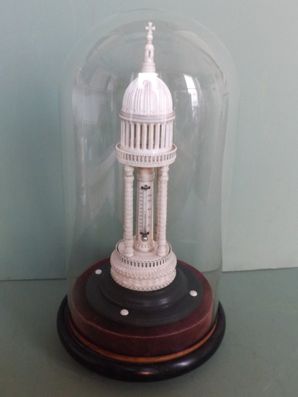 Rare mid C19th Anglo-Indian carved ivory desk-top thermometer 'Tempietto'.