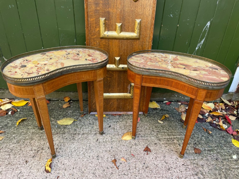 A pair of early twentieth-century French kidney-shaped side tables made from walnut and kingwood with brass galleried marble tops and tapered legs. View II