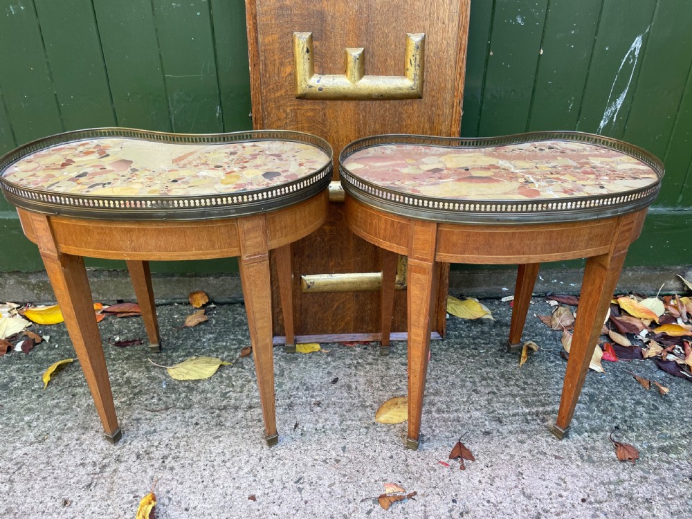 A pair of early twentieth-century French kidney-shaped side tables made from walnut and kingwood with brass galleried marble tops and tapered legs. View VII