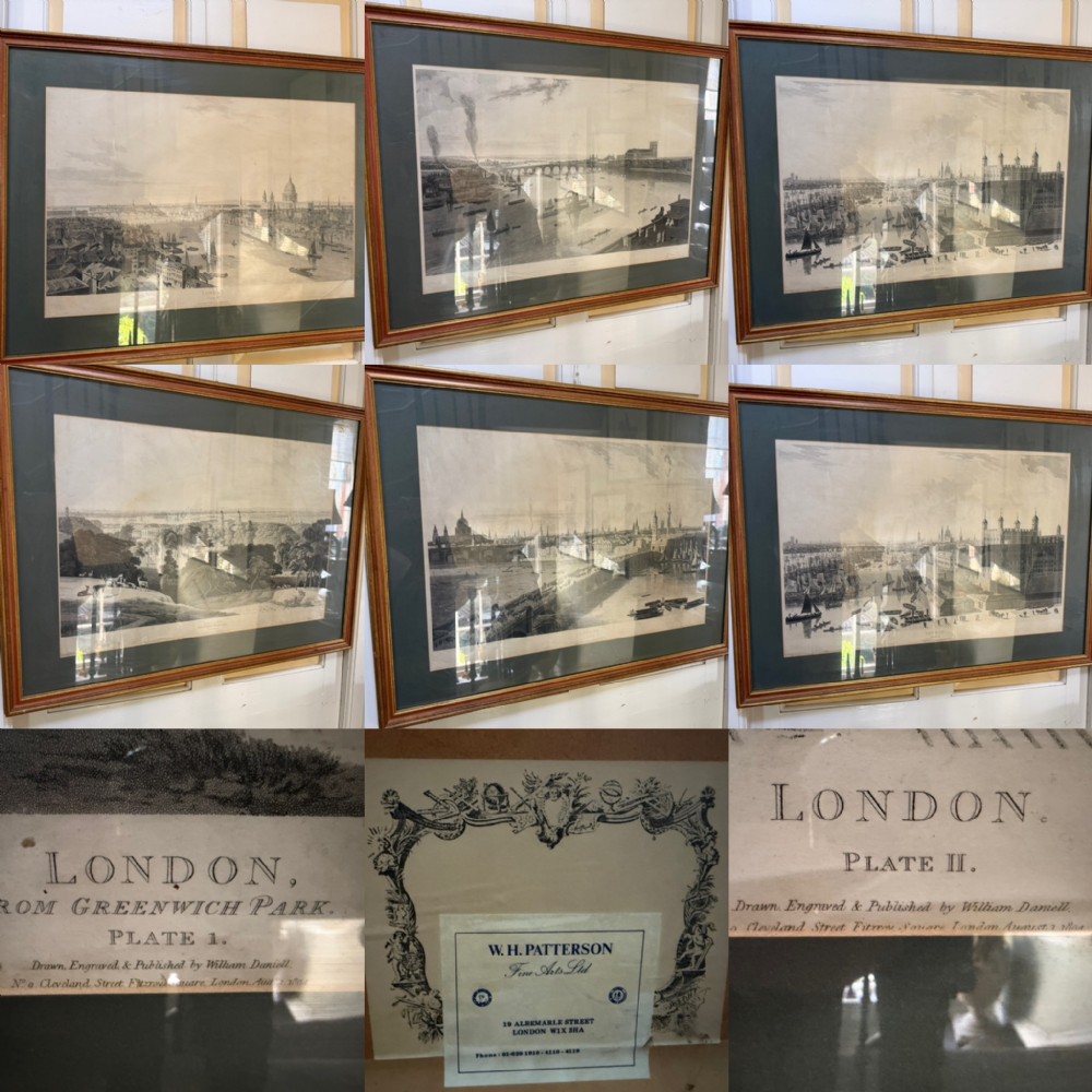 A set of six framed nineteenth-century panoramic engravings depicting historic views of London along the River Thames.