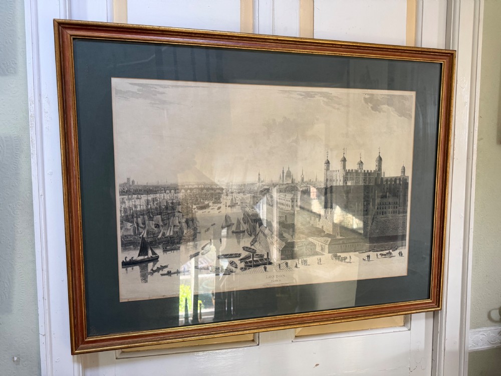 A set of six framed nineteenth-century panoramic engravings depicting historic views of London along the River Thames. View II