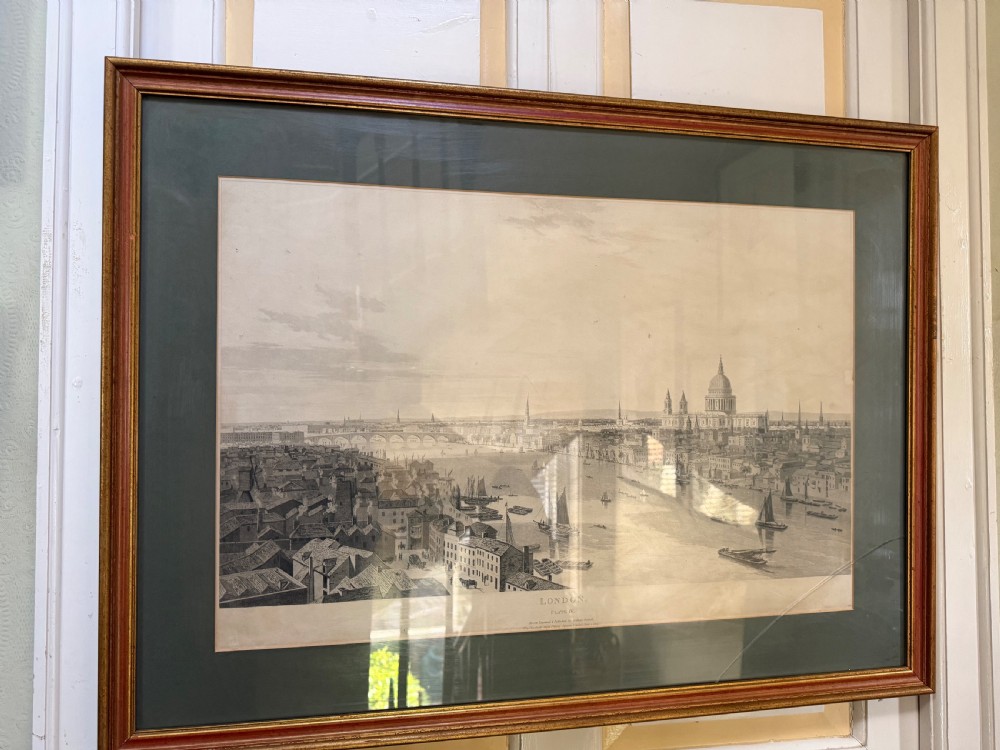 A set of six framed nineteenth-century panoramic engravings depicting historic views of London along the River Thames. View IV