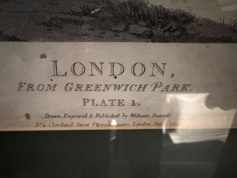 A set of six framed nineteenth-century panoramic engravings depicting historic views of London along the River Thames. View V