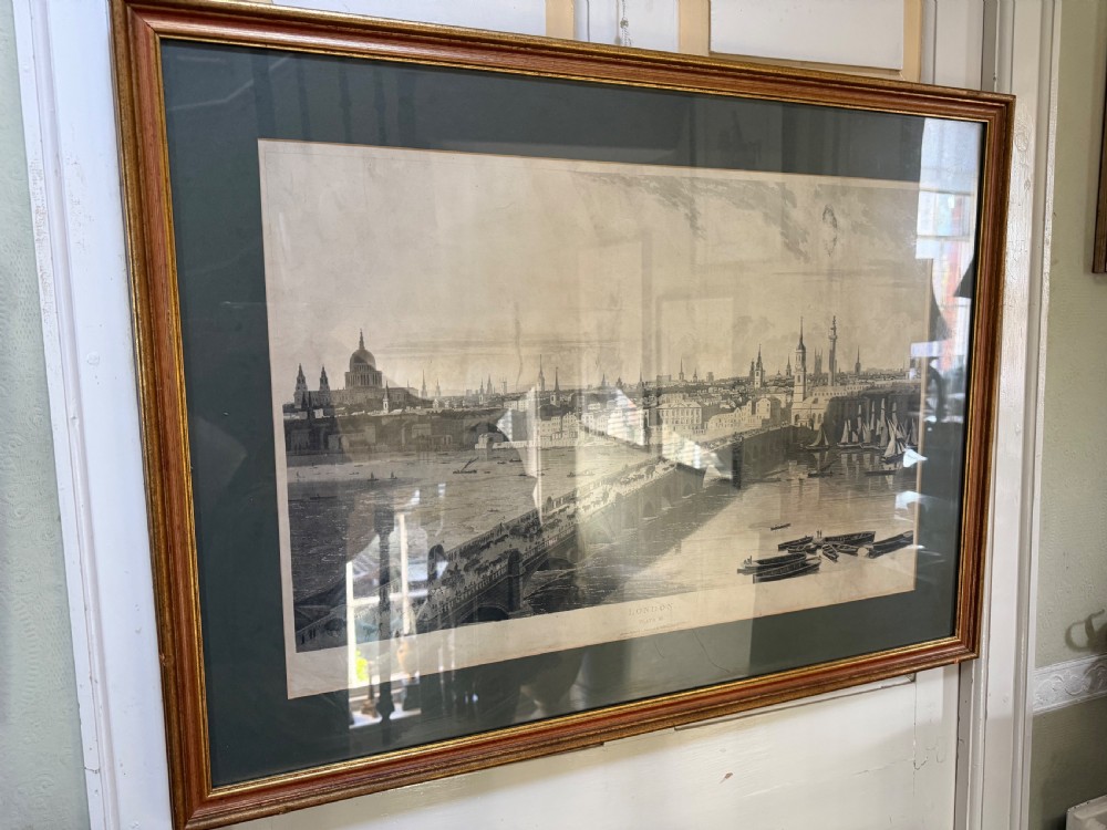A set of six framed nineteenth-century panoramic engravings depicting historic views of London along the River Thames. View VI