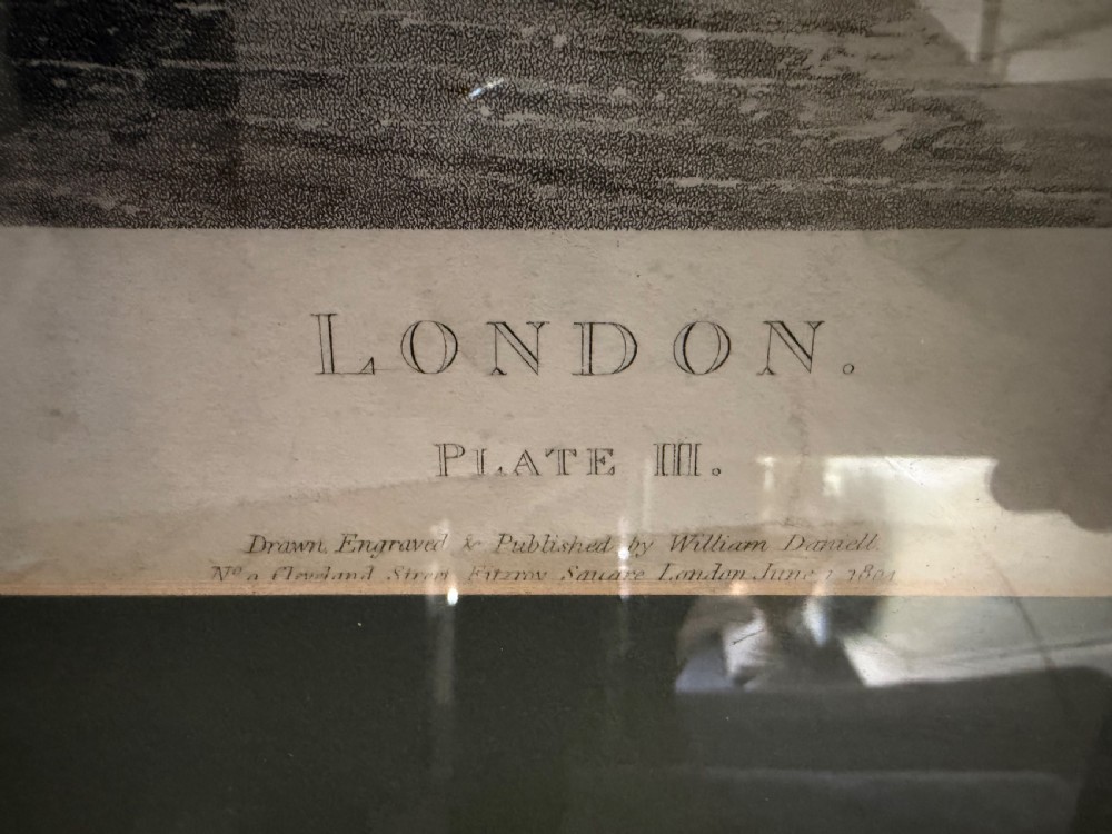 A set of six framed nineteenth-century panoramic engravings depicting historic views of London along the River Thames. View VII