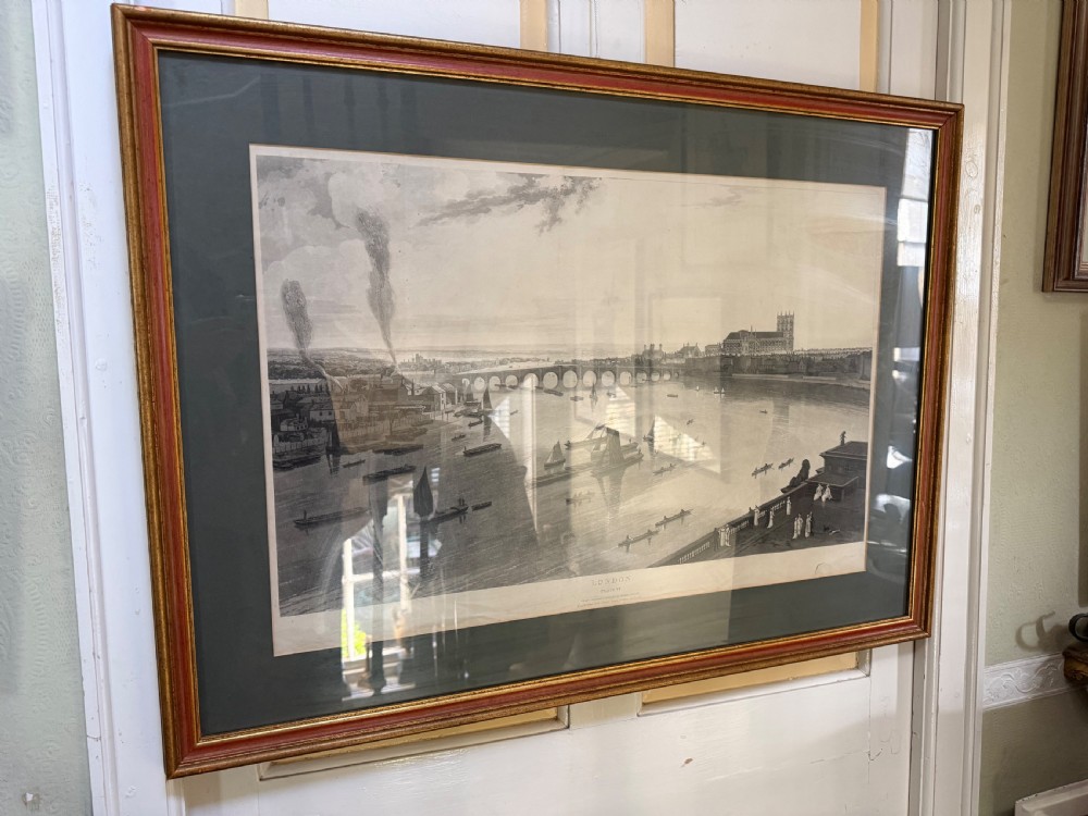 A set of six framed nineteenth-century panoramic engravings depicting historic views of London along the River Thames. View VIII
