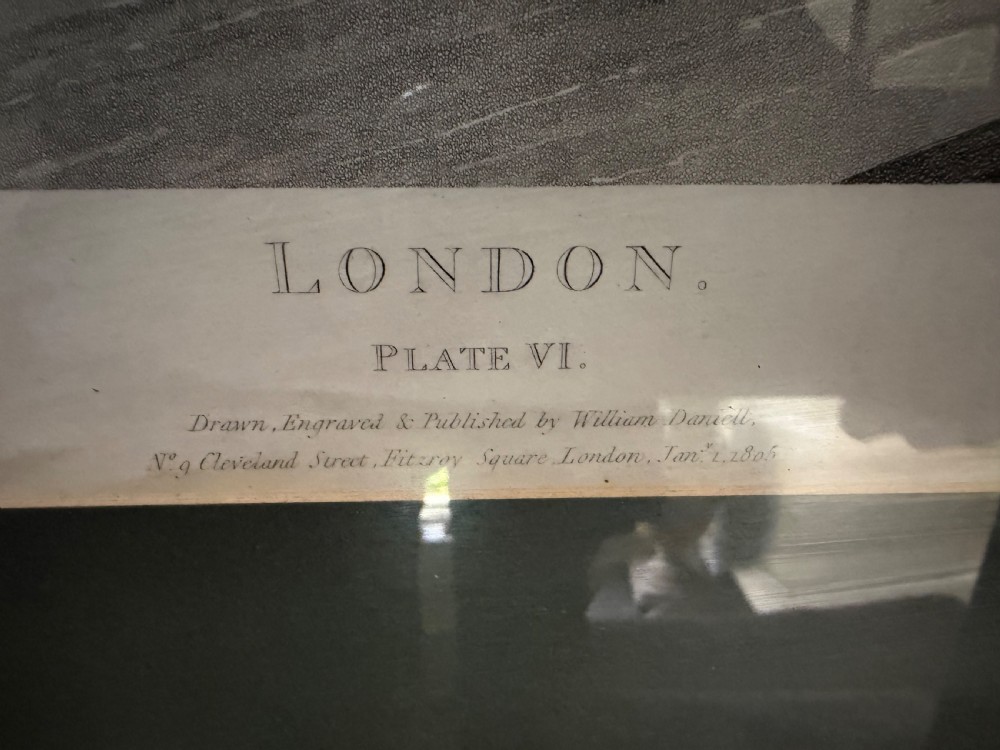 A set of six framed nineteenth-century panoramic engravings depicting historic views of London along the River Thames. View IX