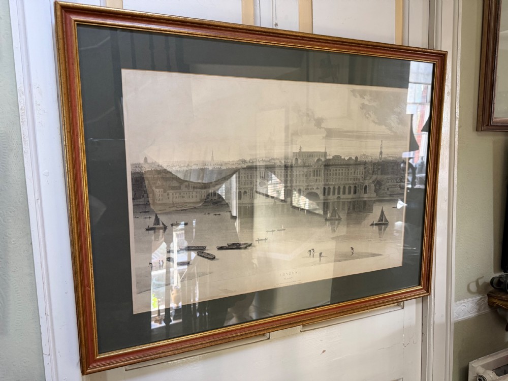 A set of six framed nineteenth-century panoramic engravings depicting historic views of London along the River Thames. View X
