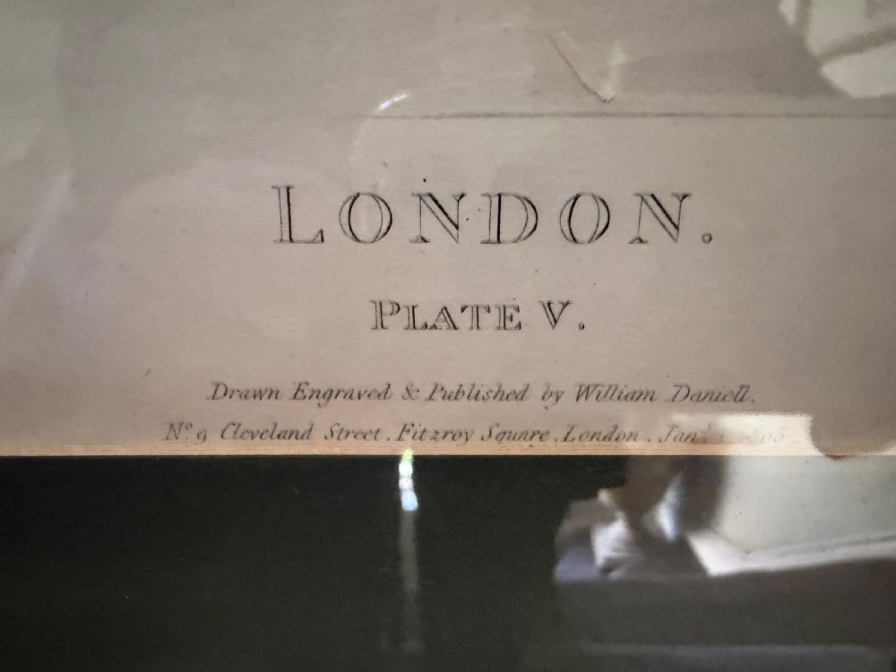A set of six framed nineteenth-century panoramic engravings depicting historic views of London along the River Thames. View XI