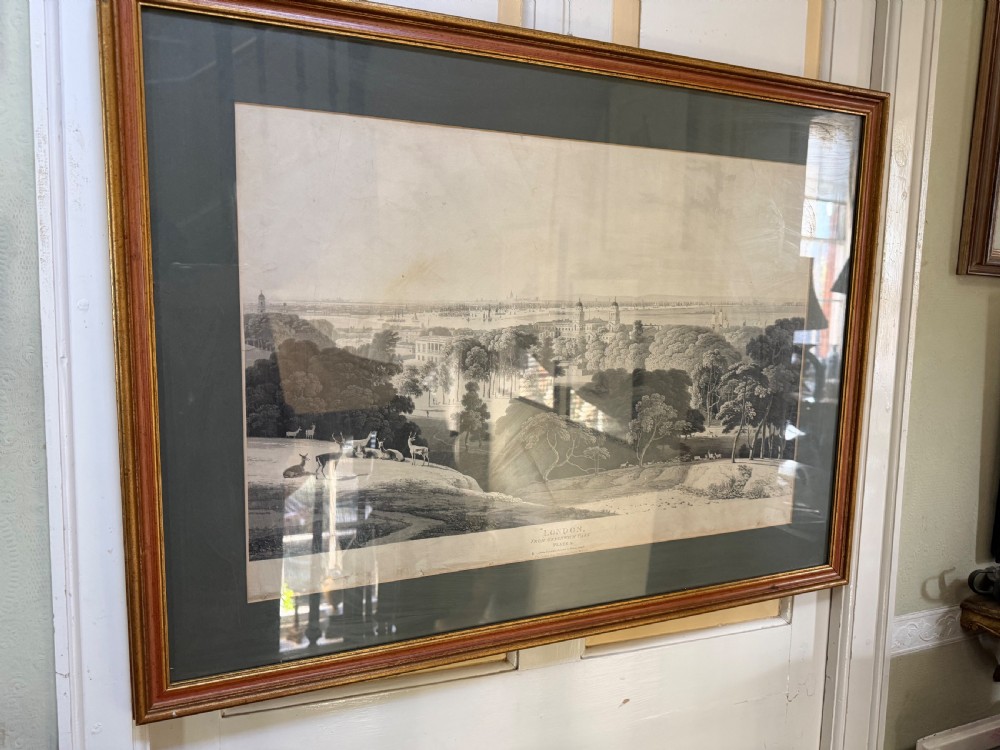 A set of six framed nineteenth-century panoramic engravings depicting historic views of London along the River Thames. View XII
