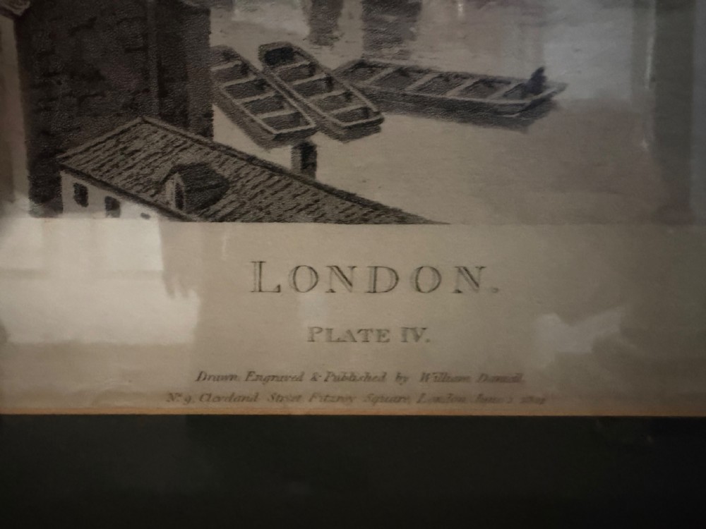 A set of six framed nineteenth-century panoramic engravings depicting historic views of London along the River Thames. View XIV
