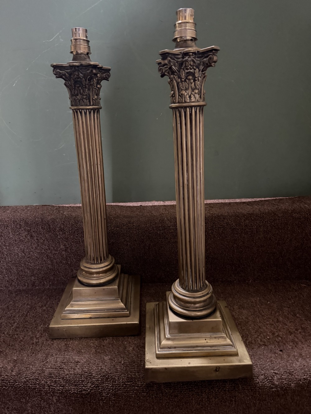 A pair of 19th-century brass table lamps featuring fluted classical Corinthian columns set on stepped square plinths. View III