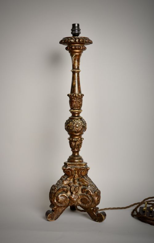 lamp converted from c17th italian gilt candle stick - CATEGORY: ANTIQUE LIGHTING - DATED 17TH CENTURY