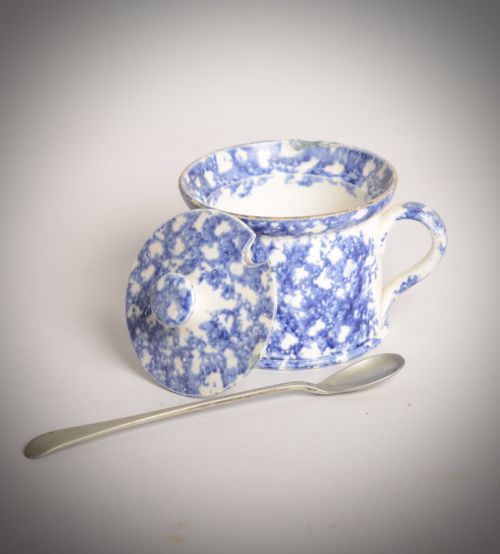 spongeware mustard pot and silver spoon - CATEGORY: ANTIQUE CERAMICS - DATED 19TH CENTURY
