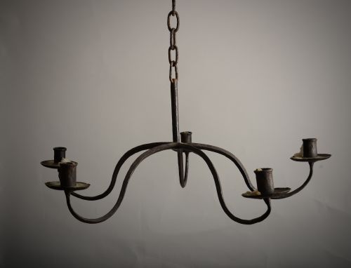 RARE EARLY WROUGHT IRON FIVE BRANCH CHANDELIER - ADDITIONAL PHOTO 1