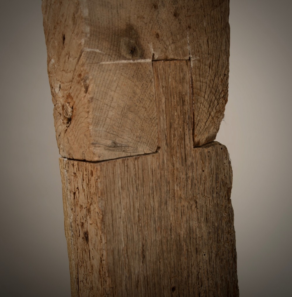 A hand-hewn oak Gothic window frame featuring a pointed arch apex and traditional pegged mortise joinery. View II