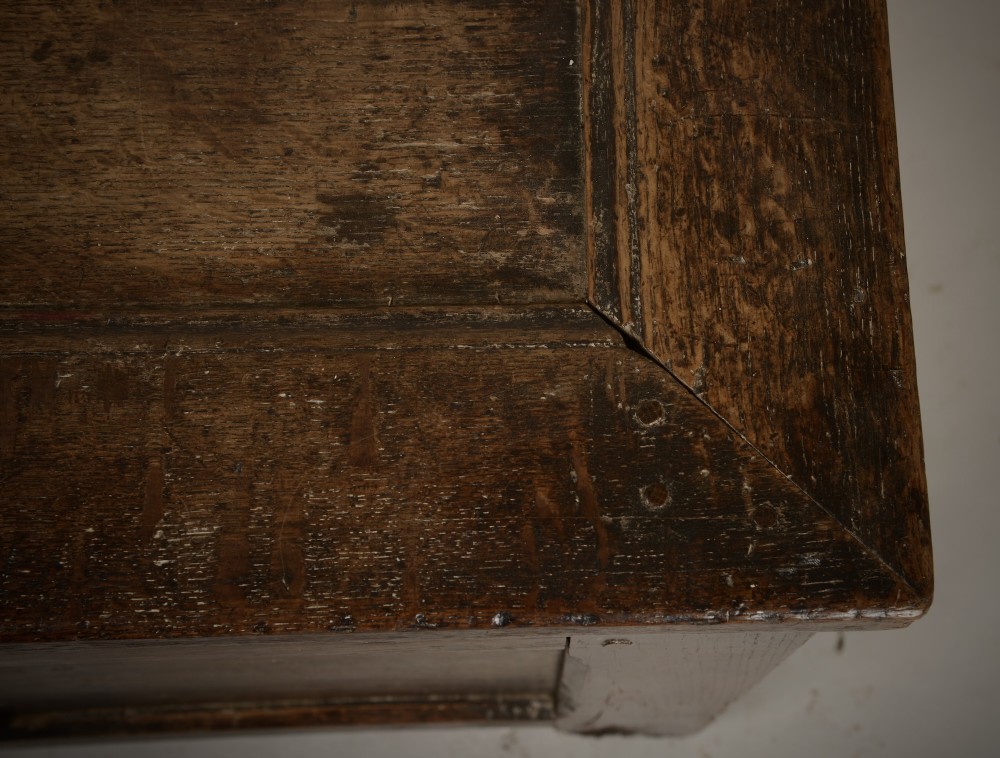 A dark 16th-century oak coffer featuring a hinged panelled lid, framed front panels, a central wrought-iron lock plate, and sturdy stile feet. View IV