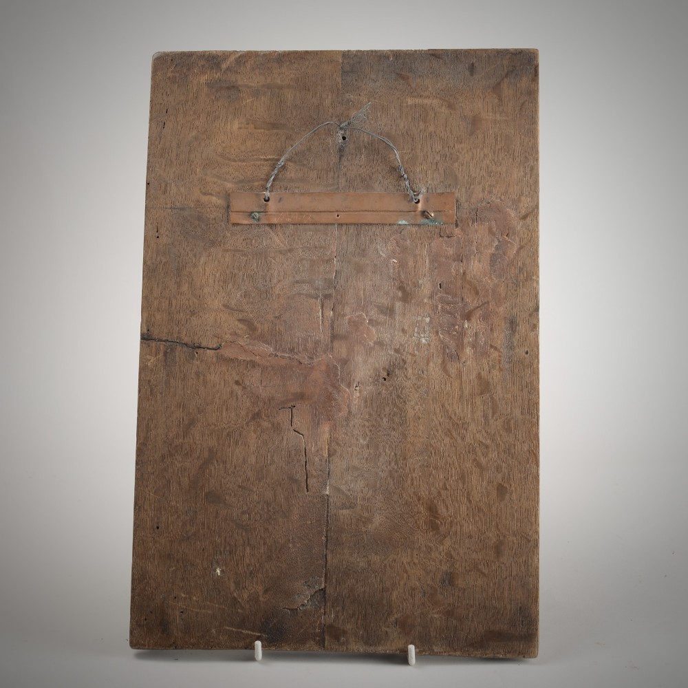 A sixteenth-century rectangular carved oak relief panel depicting a standing soldier with a staff addressing a kneeling figure within an arched architectural backdrop. View V