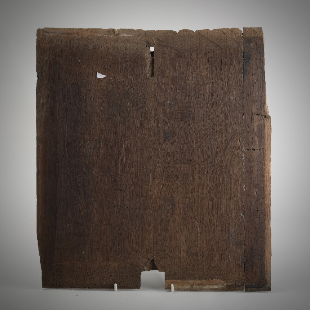A square dark oak timber panel featuring a hand-carved relief depicting the biblical scene of Abraham and Isaac. View VIII