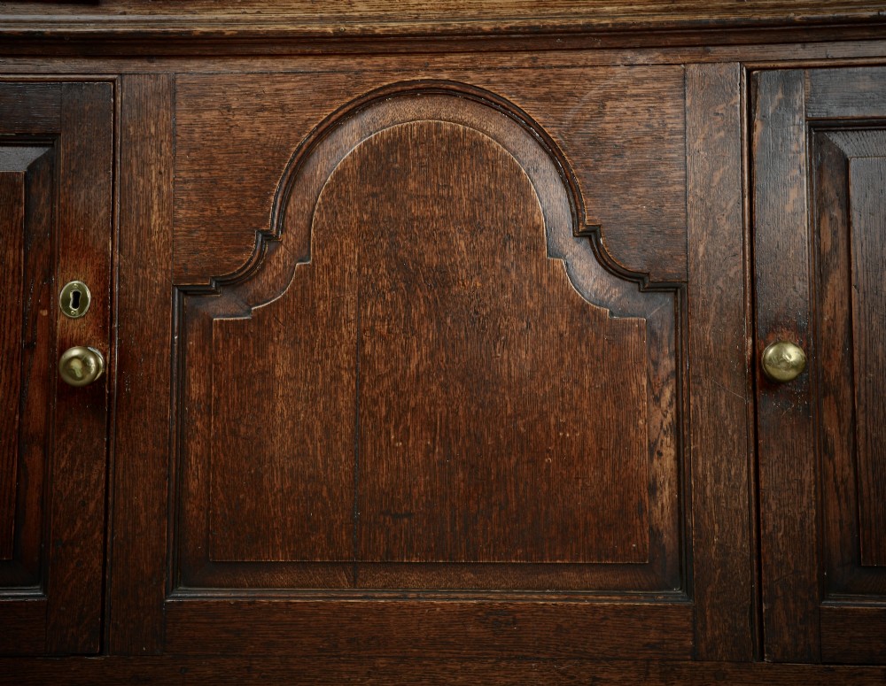 An 18th-century dark oak dresser base featuring three drawers over two cupboard doors flanking a central arched fielded panel with brass hardware. View II